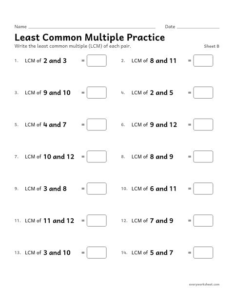 Preview of the printable “Least common multiple Practice, sheet B” worksheet: finding the least common multiple