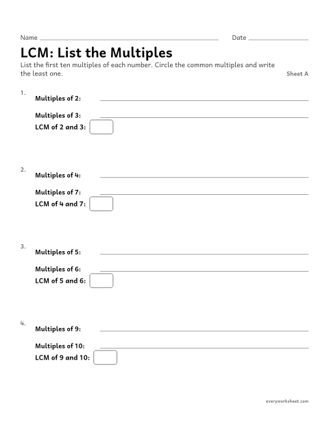 Preview of the printable “LCM: list the Multiples, sheet A” worksheet: finding the least common multiple by listing multiples