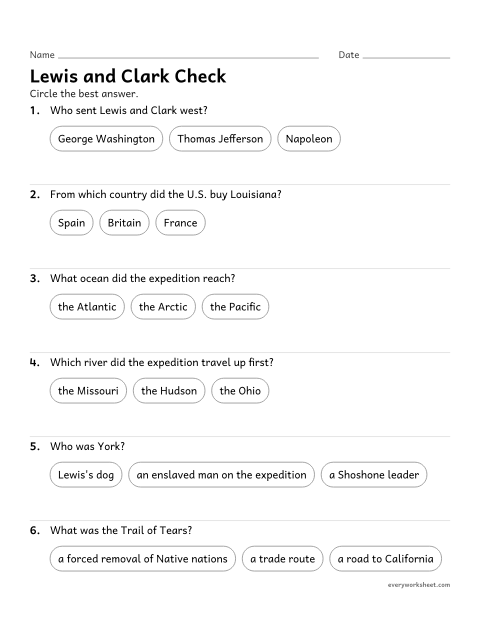 Preview of the printable “Lewis and clark quiz for 5th grade” worksheet: reviewing the Louisiana Purchase, Lewis and Clark and early westward expansion