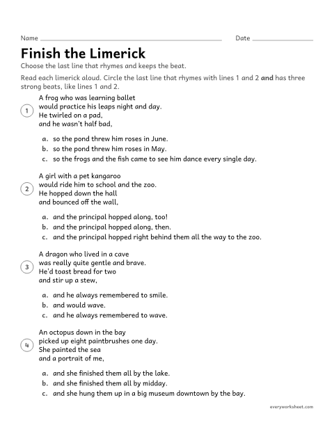 Preview of the printable “Finish the limerick” worksheet: choosing and writing a last line for a limerick that keeps the AABBA rhyme and the three-beat rhythm
