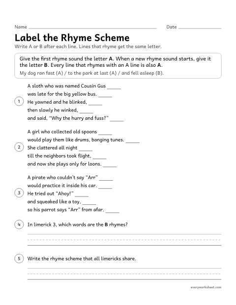 Preview of the printable “Label the rhyme scheme” worksheet: labeling the AABBA rhyme scheme of limericks by matching rhyming line endings