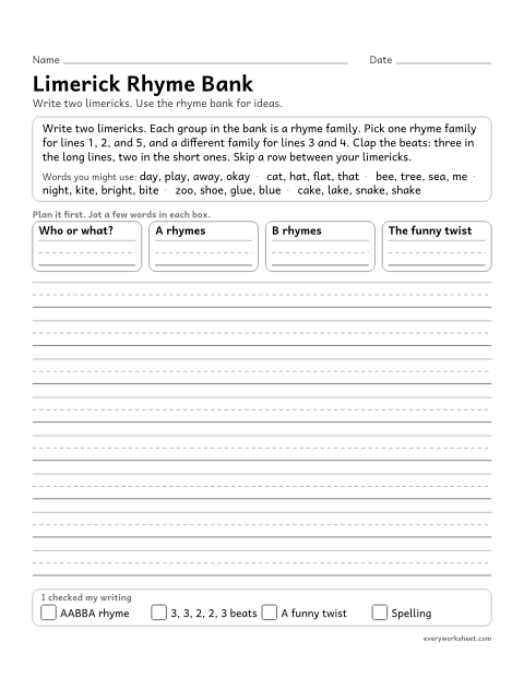 Preview of the printable “Limerick rhyme bank” worksheet: writing two limericks using rhyme families from a rhyme bank