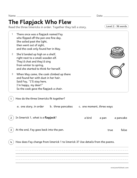 Preview of the printable “The flapjack who flew” worksheet: explaining how three linked limericks fit together to tell one story