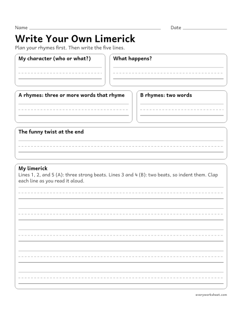 Preview of the printable “Write your own limerick” worksheet: planning a limerick (a character, two rhyme families, and a funny twist), then writing it in five lines