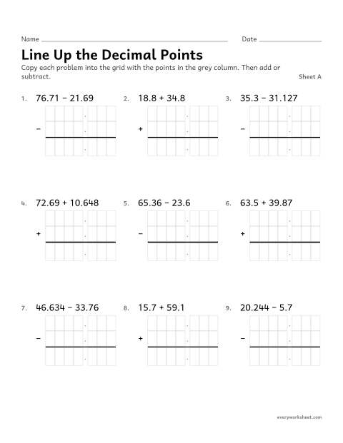 Preview of the printable “Line up the decimal Points, sheet A” worksheet: writing decimal problems in columns with the points lined up