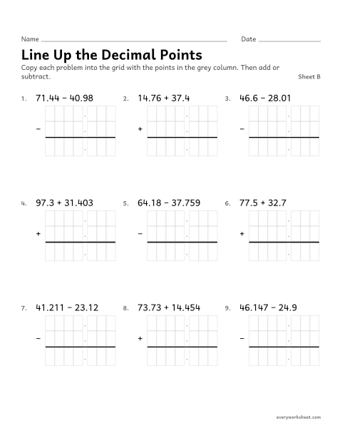 Preview of the printable “Line up the decimal Points, sheet B” worksheet: writing decimal problems in columns with the points lined up