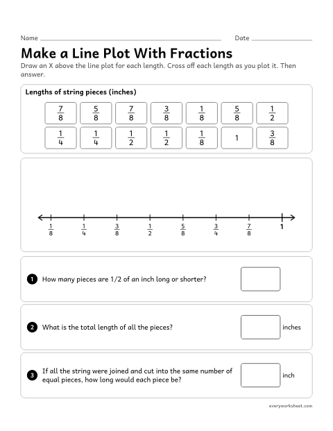 Preview of the printable “Make a line plot with fractions” worksheet: making a line plot of measurements in halves, fourths and eighths of an inch, then adding and sharing the total