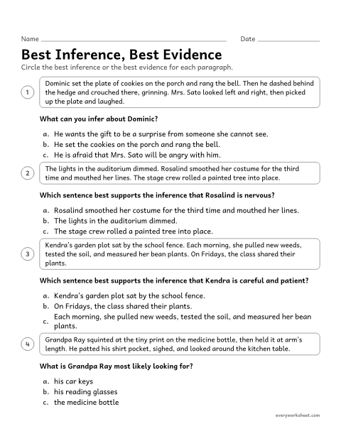 Preview of the printable “Best Inference, best evidence” worksheet: choosing the inference best supported by a text and the sentence that best supports an inference