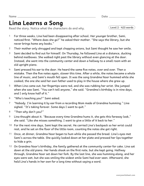 Preview of the printable “Lina learns a song” worksheet: inferring a character's motive and a story's theme, and quoting accurately to support them