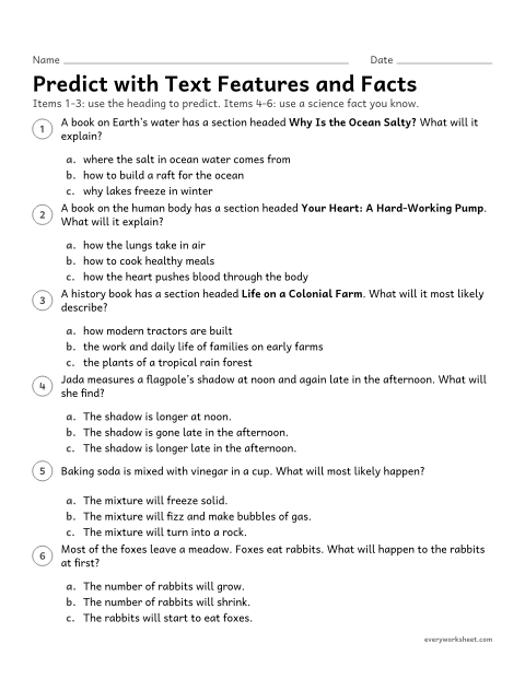 Preview of the printable “Predict with text features and facts” worksheet: predicting what a section will explain from its heading, and the result of a science situation from known facts