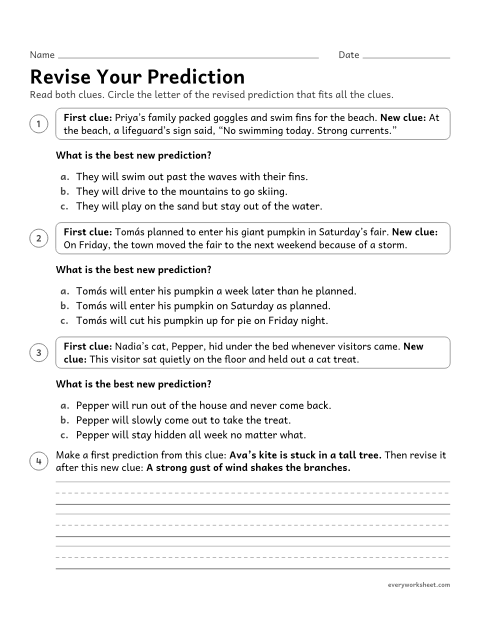 Preview of the printable “Revise your prediction” worksheet: revising a prediction when a new detail changes what is likely to happen
