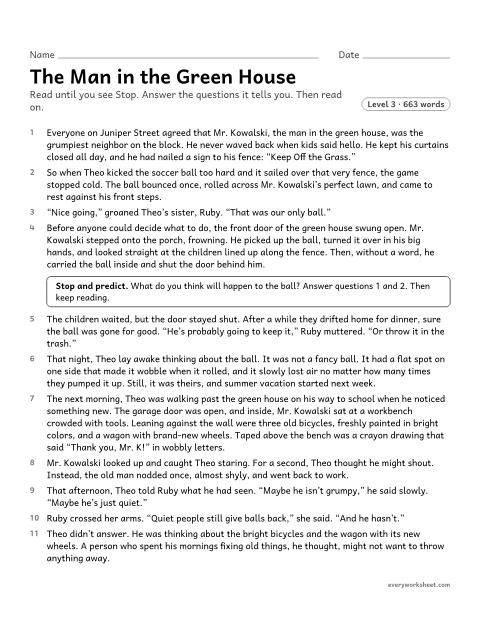 Preview of the printable “Stop and Predict: the man in the green house” worksheet: making, revising, and checking predictions about a character, quoting details from the story