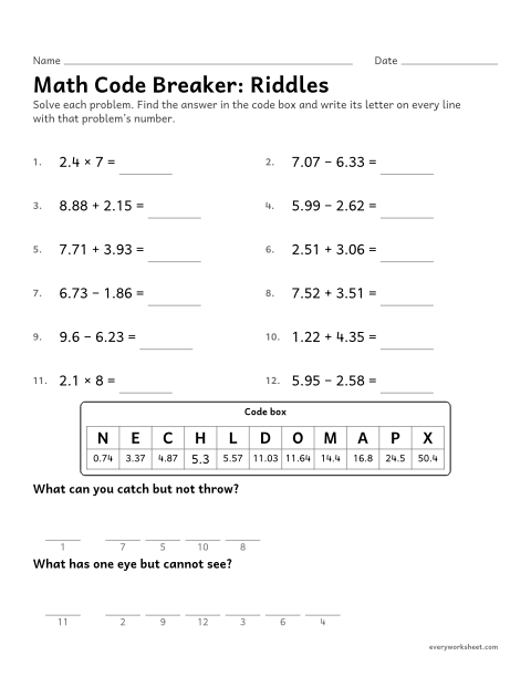 Preview of the printable “Math code Breaker: riddles” worksheet: solving decimal problems to decode two riddle answers