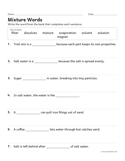 Preview of the printable “Mixtures and solutions vocabulary worksheet” worksheet: using mixtures and solutions vocabulary in context