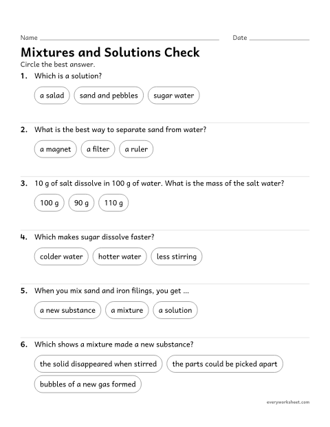 Preview of the printable “Mixtures and solutions quiz for 5th grade” worksheet: reviewing mixtures, solutions and how to separate them