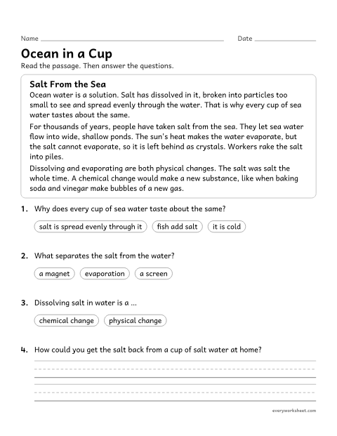 Preview of the printable “Mixtures and solutions reading passage for 5th grade” worksheet: explaining how solutions form and how they can be separated
