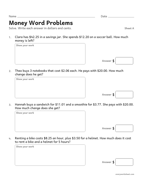 Preview of the printable “Money word Problems, sheet A” worksheet: solving money word problems with decimals
