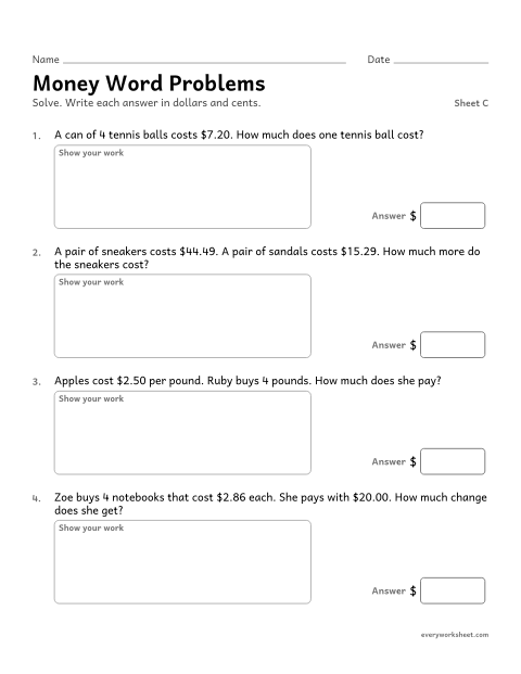 Preview of the printable “Money word Problems, sheet C” worksheet: solving money word problems with decimals