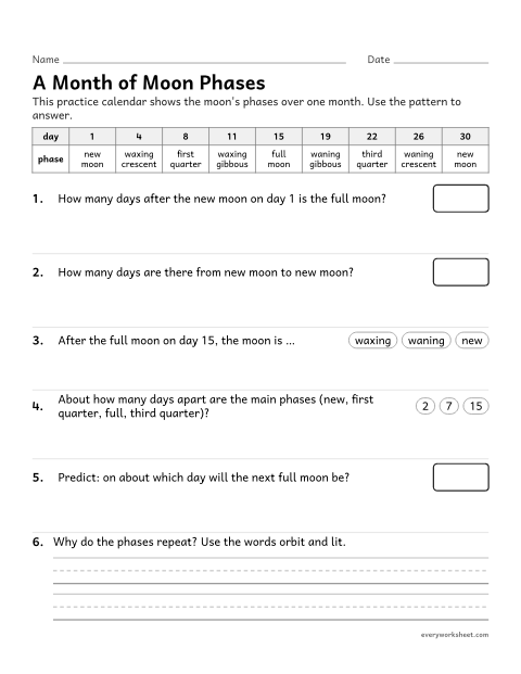 Preview of the printable “Moon phase calendar Worksheet: predict the phases” worksheet: using the pattern of moon phases to make predictions