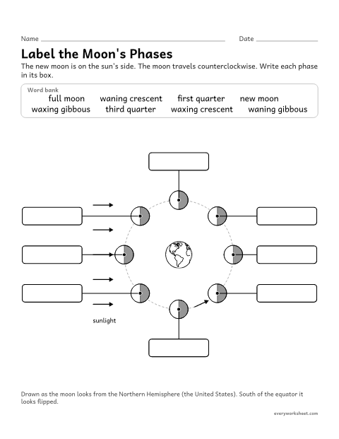 Preview of the printable “Moon phases diagram to label (Blank, with word Bank)” worksheet: using a model to explain the phases of the moon