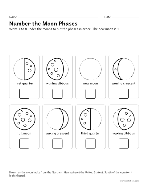 Preview of the printable “Moon phases in order worksheet (Number 1 to 8)” worksheet: ordering the phases of the moon