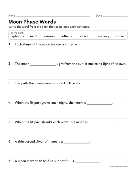 Preview of the printable “Moon phases vocabulary worksheet” worksheet: using vocabulary for the phases of the moon
