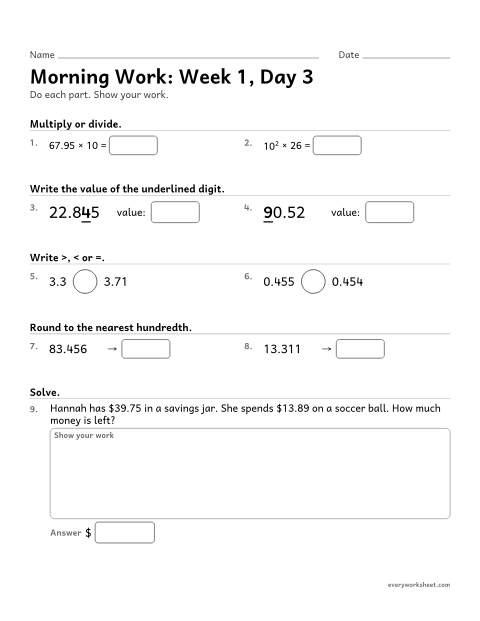 Preview of the printable “Morning Work: week 1, day 3” worksheet: mixed 5th grade math review