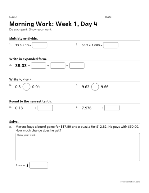 Preview of the printable “Morning Work: week 1, day 4” worksheet: mixed 5th grade math review