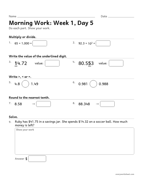 Preview of the printable “Morning Work: week 1, day 5” worksheet: mixed 5th grade math review