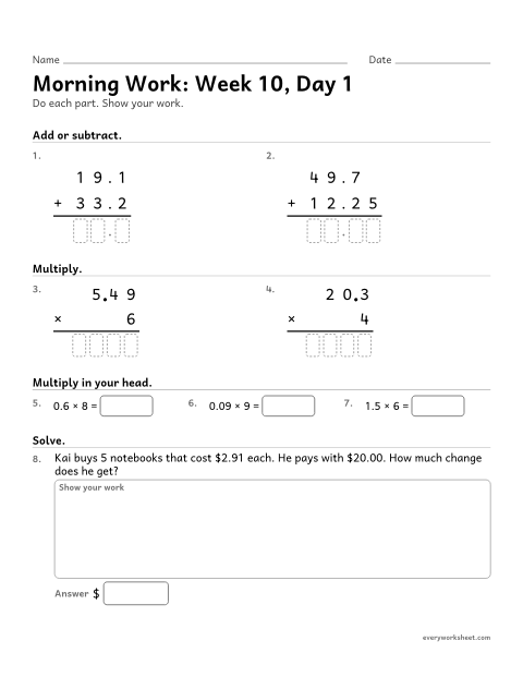 Preview of the printable “Morning Work: week 10, day 1” worksheet: mixed 5th grade math review