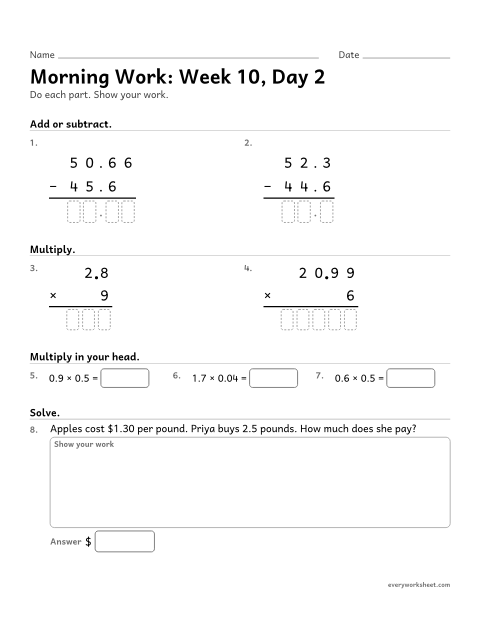 Preview of the printable “Morning Work: week 10, day 2” worksheet: mixed 5th grade math review