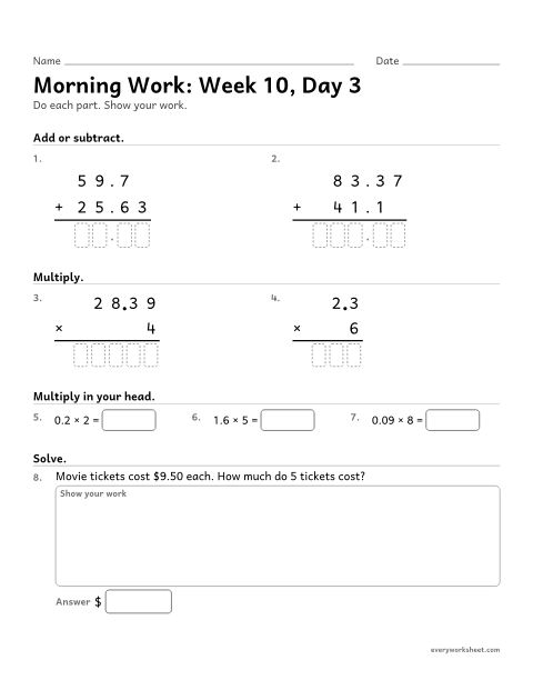 Preview of the printable “Morning Work: week 10, day 3” worksheet: mixed 5th grade math review