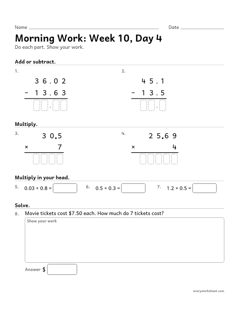 Preview of the printable “Morning Work: week 10, day 4” worksheet: mixed 5th grade math review