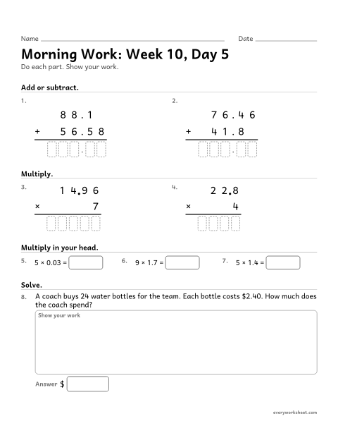 Preview of the printable “Morning Work: week 10, day 5” worksheet: mixed 5th grade math review