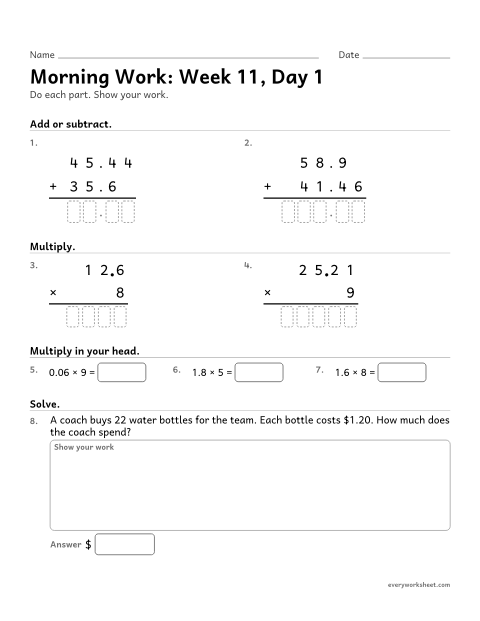 Preview of the printable “Morning Work: week 11, day 1” worksheet: mixed 5th grade math review