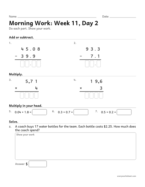 Preview of the printable “Morning Work: week 11, day 2” worksheet: mixed 5th grade math review