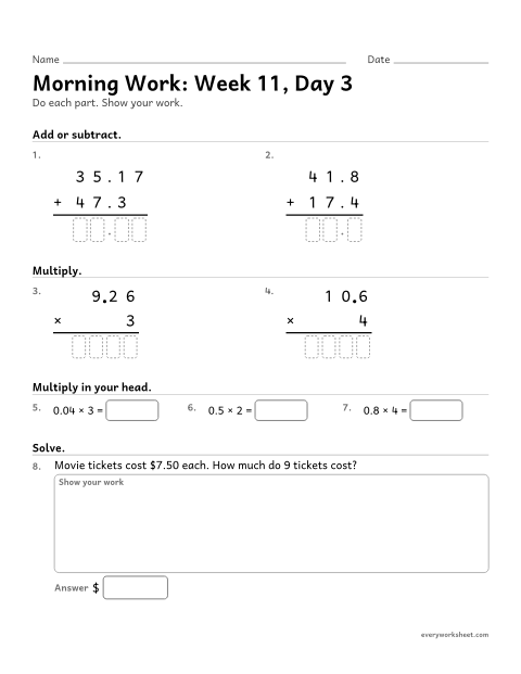 Preview of the printable “Morning Work: week 11, day 3” worksheet: mixed 5th grade math review