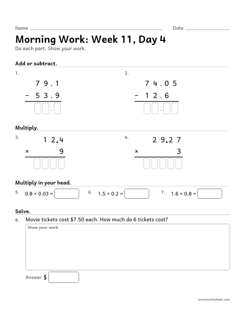 Preview of the printable “Morning Work: week 11, day 4” worksheet: mixed 5th grade math review