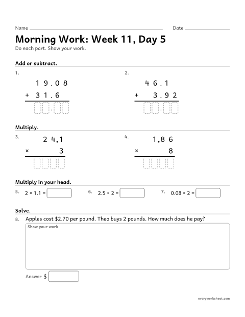Preview of the printable “Morning Work: week 11, day 5” worksheet: mixed 5th grade math review
