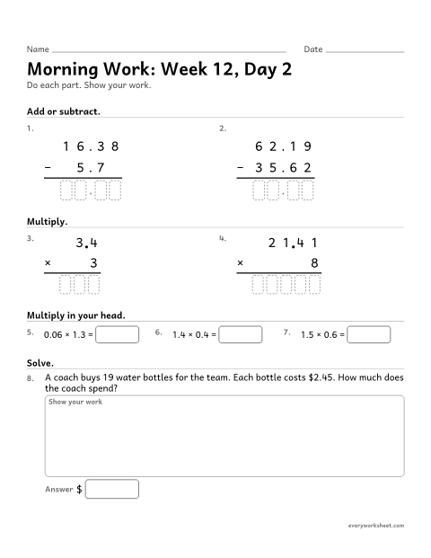 Preview of the printable “Morning Work: week 12, day 2” worksheet: mixed 5th grade math review