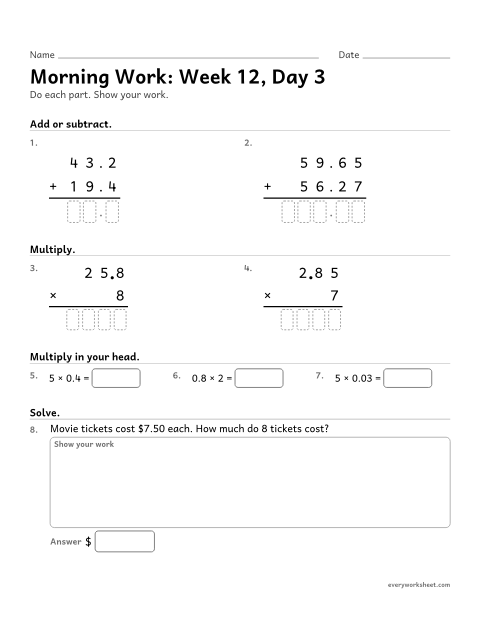Preview of the printable “Morning Work: week 12, day 3” worksheet: mixed 5th grade math review