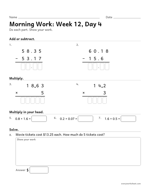 Preview of the printable “Morning Work: week 12, day 4” worksheet: mixed 5th grade math review