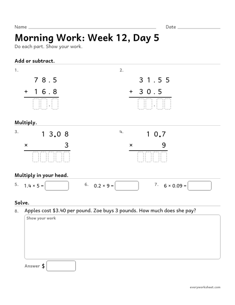 Preview of the printable “Morning Work: week 12, day 5” worksheet: mixed 5th grade math review