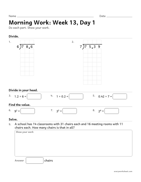 Preview of the printable “Morning Work: week 13, day 1” worksheet: mixed 5th grade math review