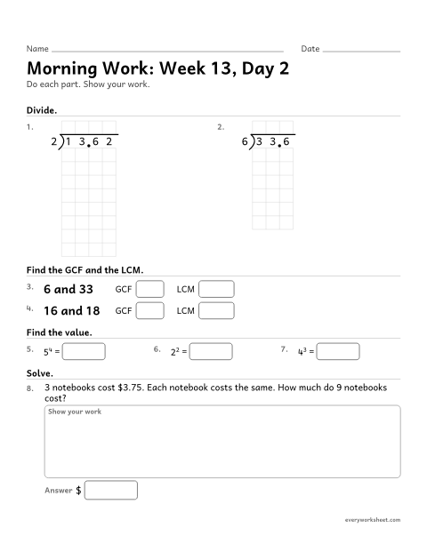 Preview of the printable “Morning Work: week 13, day 2” worksheet: mixed 5th grade math review