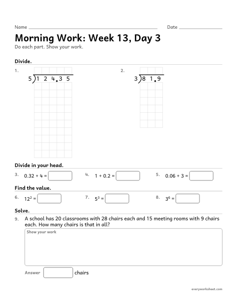 Preview of the printable “Morning Work: week 13, day 3” worksheet: mixed 5th grade math review