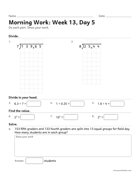 Preview of the printable “Morning Work: week 13, day 5” worksheet: mixed 5th grade math review