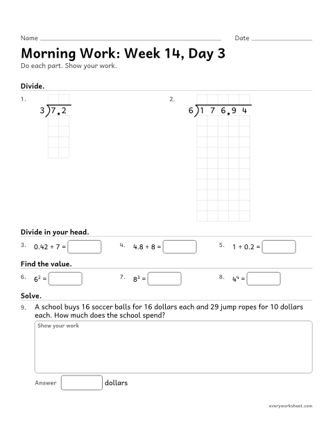 Preview of the printable “Morning Work: week 14, day 3” worksheet: mixed 5th grade math review