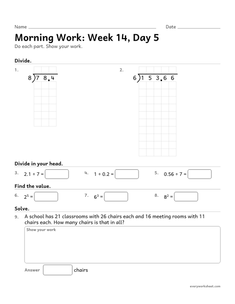 Preview of the printable “Morning Work: week 14, day 5” worksheet: mixed 5th grade math review