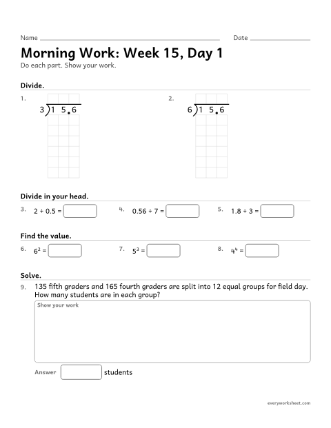 Preview of the printable “Morning Work: week 15, day 1” worksheet: mixed 5th grade math review
